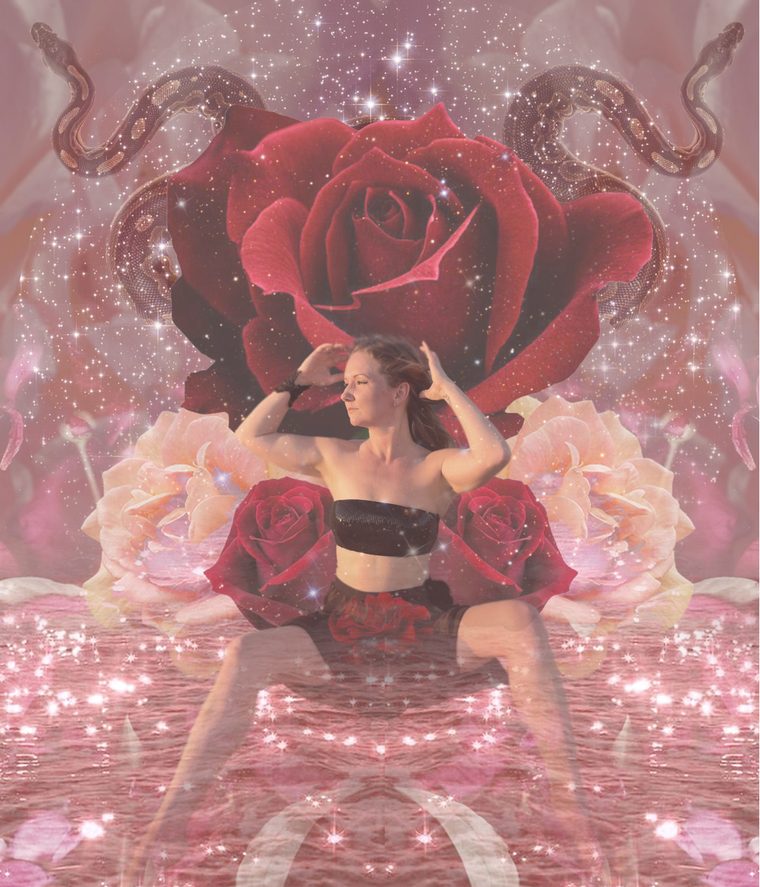 A woman seated on a throne of roses beneath a deep red rose, twin serpents rising behind